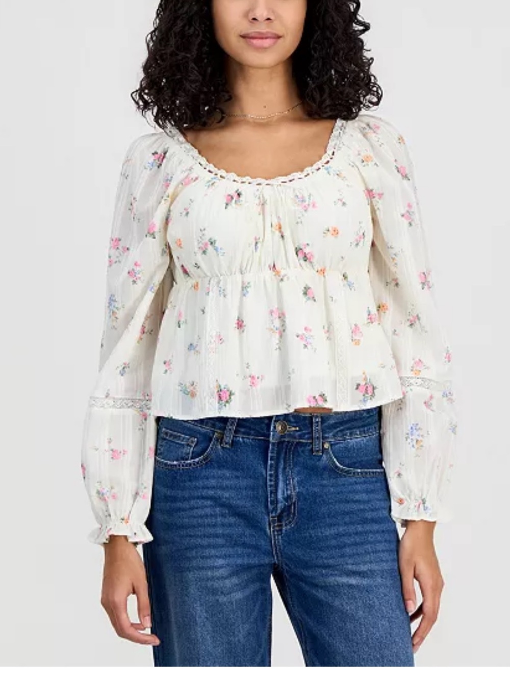 Tinseltown Cream Floral Peasant Blouse with Pink Accents
